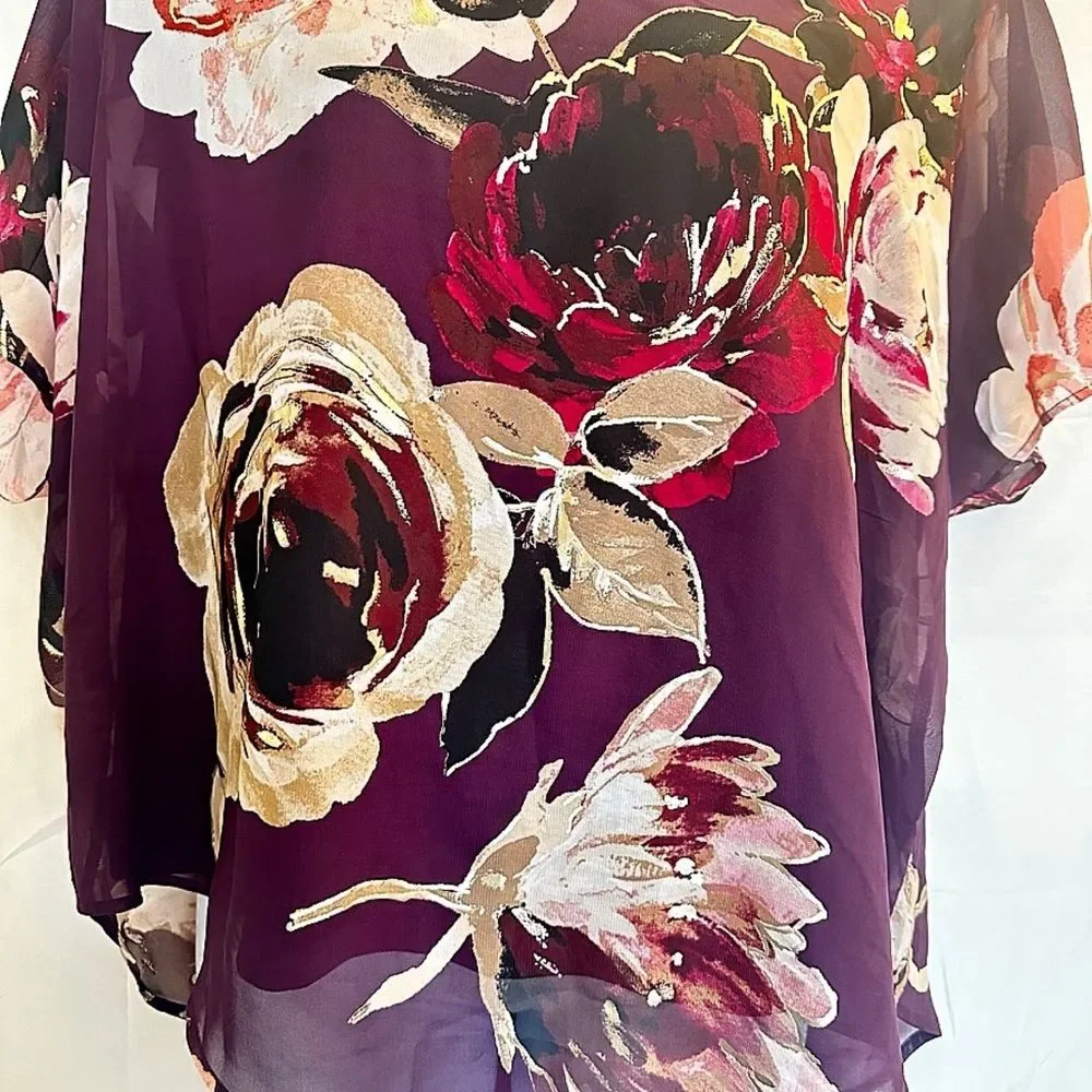 3 for $15 Roz & Ali Plus Size 1X Plum Floral Boho Asymetrical 2 layer Blouse - Picture 3 of 8